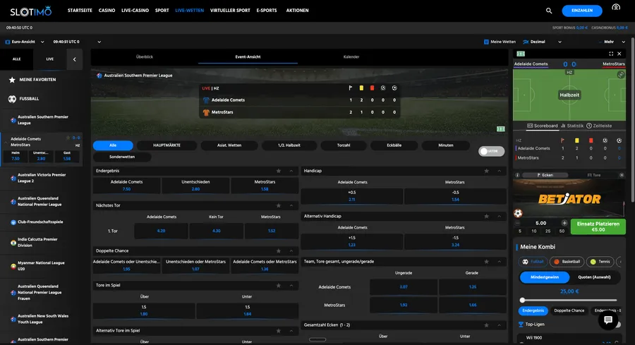 Página de un evento en directo con el widget de Betiator visible en la columna derecha, junto a los mercados habituales de córners y goles