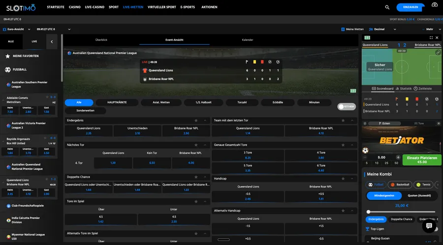 Selección de un partido concreto dentro del listado de eventos en directo, con el widget de Betiator ya visible en la columna derecha