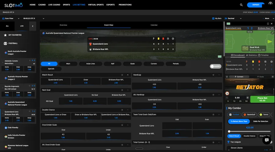 Vista ampliada del widget de Betiator con las pestañas de disparador, Corners y Goals, y el botón verde de apuesta