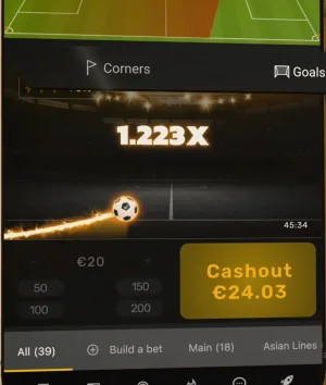 Widget de Betiator con la pestaña Goals activa, multiplicador en 1,223x y el botón de cashout disponible marcando 24,03 €