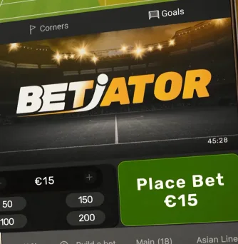 Pantalla de Betiator en Slotimo con 15 € cargados en la apuesta y los botones rápidos de 50, 100, 150 y 200 justo debajo, antes de pulsar Place Bet