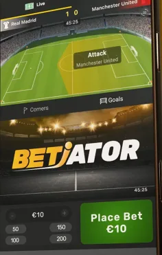 Vista general del widget de Betiator en Slotimo, con el campo de juego, la plaquita de Attack y las pestañas Corners y Goals antes de colocar la apuesta